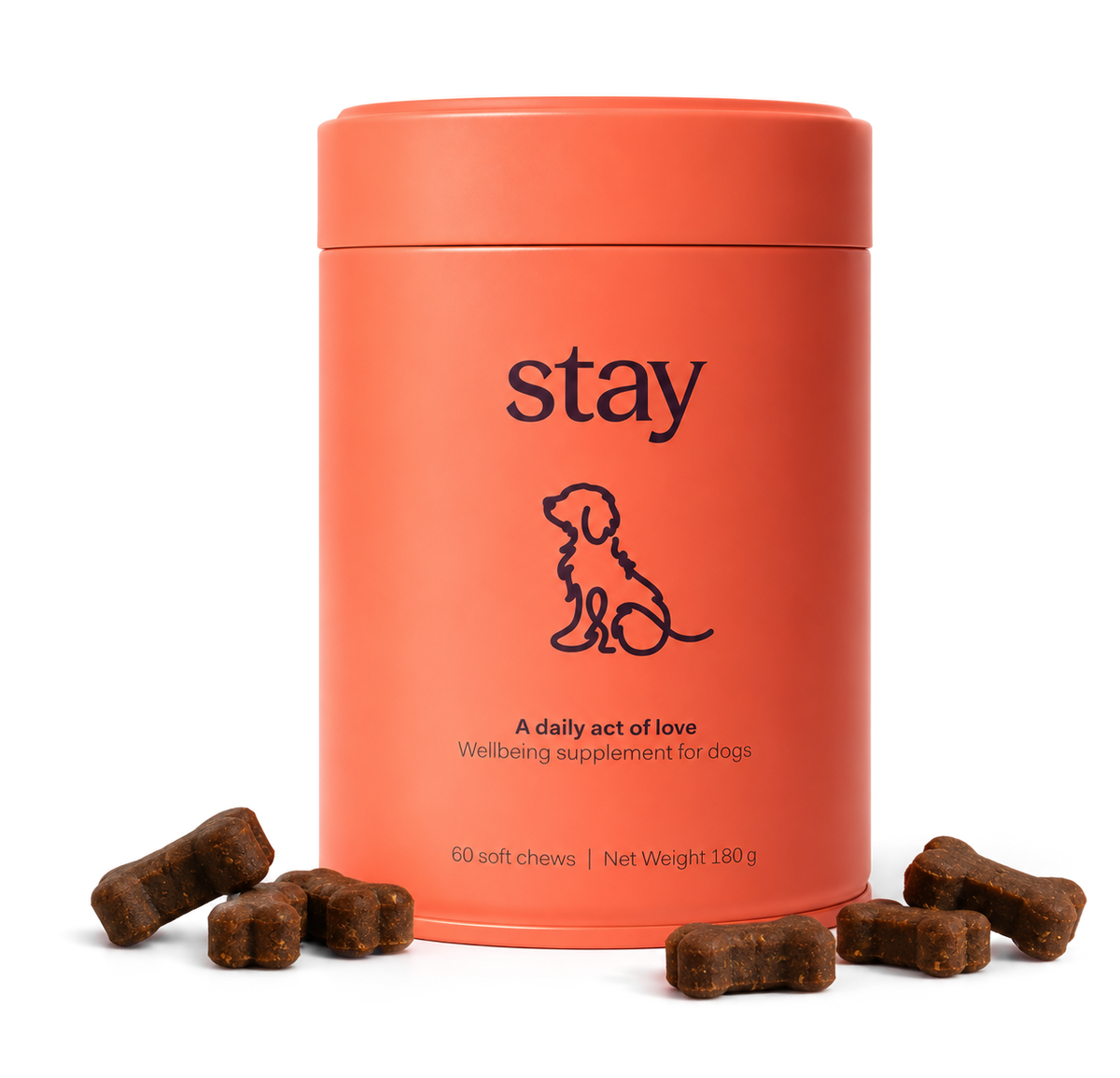 An orange tin of Stay soft chews with chews beside it